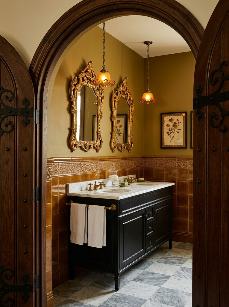 Ornate mirrors on a bathroom wall above amber tile