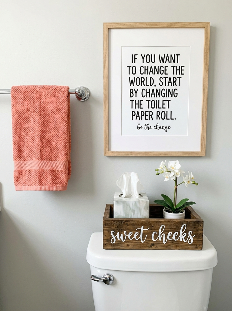 Typographic print framed on a bathroom wall as a quick way to decorate bathroom walls
