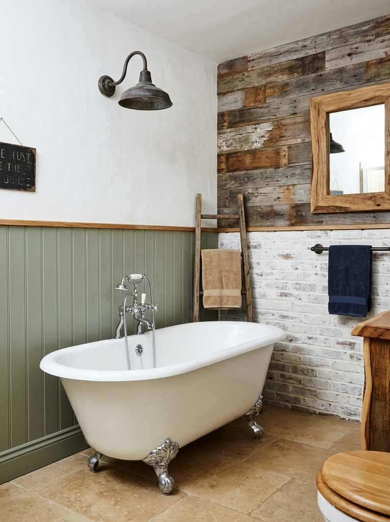 Reclaimed wood bathroom wall behind a clawfoot tub
