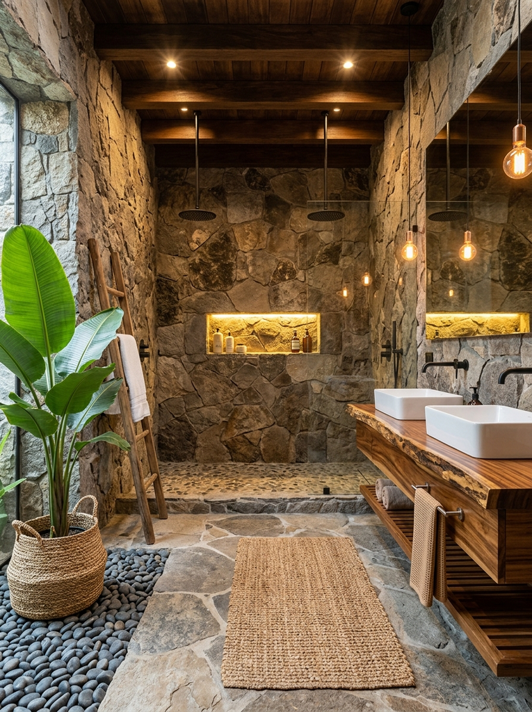Spa-style bathroom wall finished in natural stone