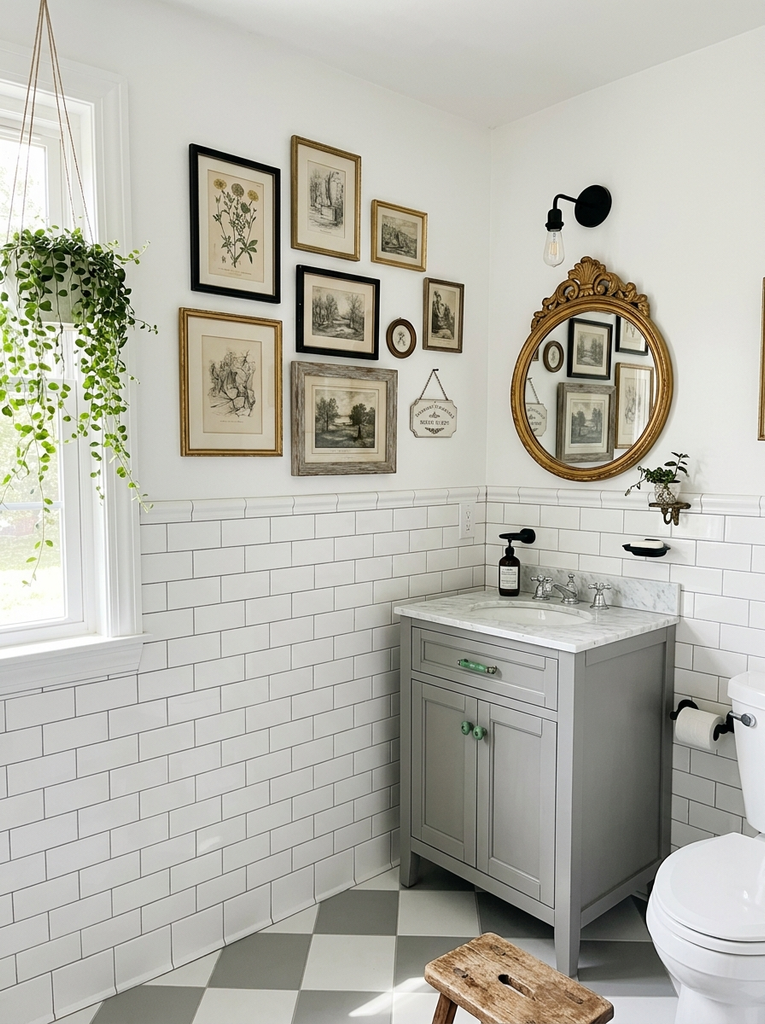 Vintage gallery wall of framed art in a bathroom