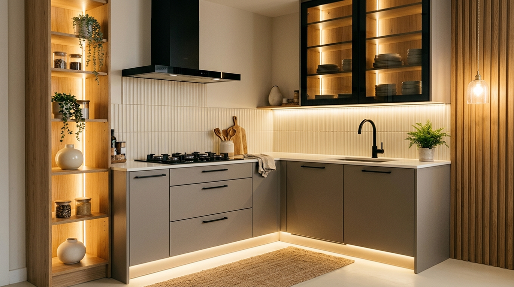 Compact L-shaped kitchen with taupe-gray kitchen cabinets, oak shelving and warm toe-kick lighting