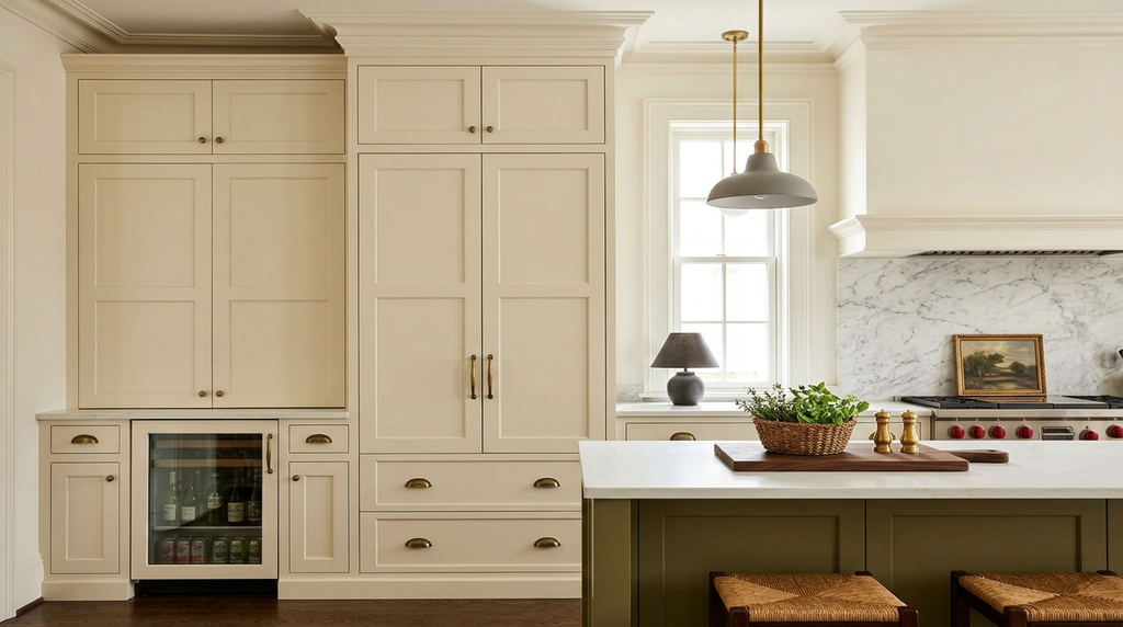 Tall cream paneled kitchen cabinets to the ceiling with an olive green island and rush-seat stools