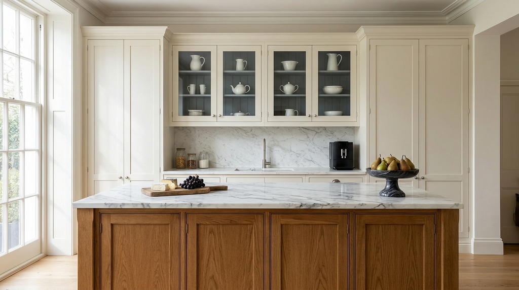 Cream shaker kitchen cabinets with glass-front uppers, marble backsplash and a marble island