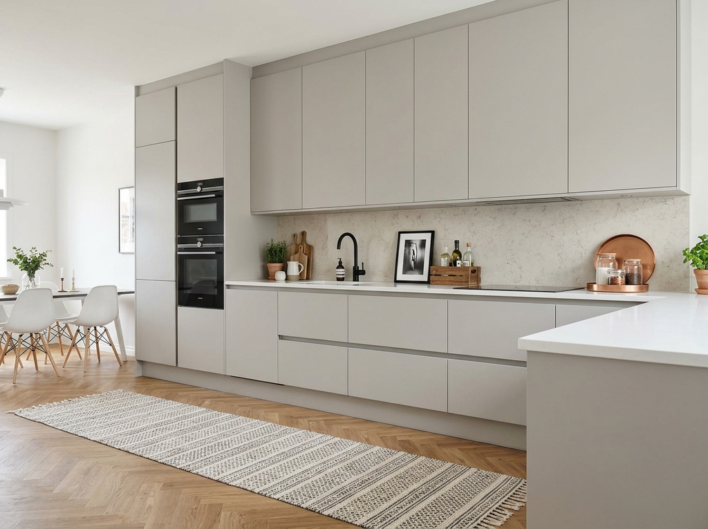 Handleless flat-panel gray kitchen cabinets with built-in ovens and a stone-look backsplash