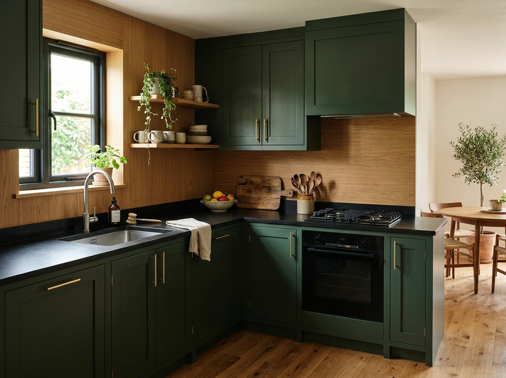 Forest green shaker kitchen cabinets with brass pulls, black counters and an oak backsplash