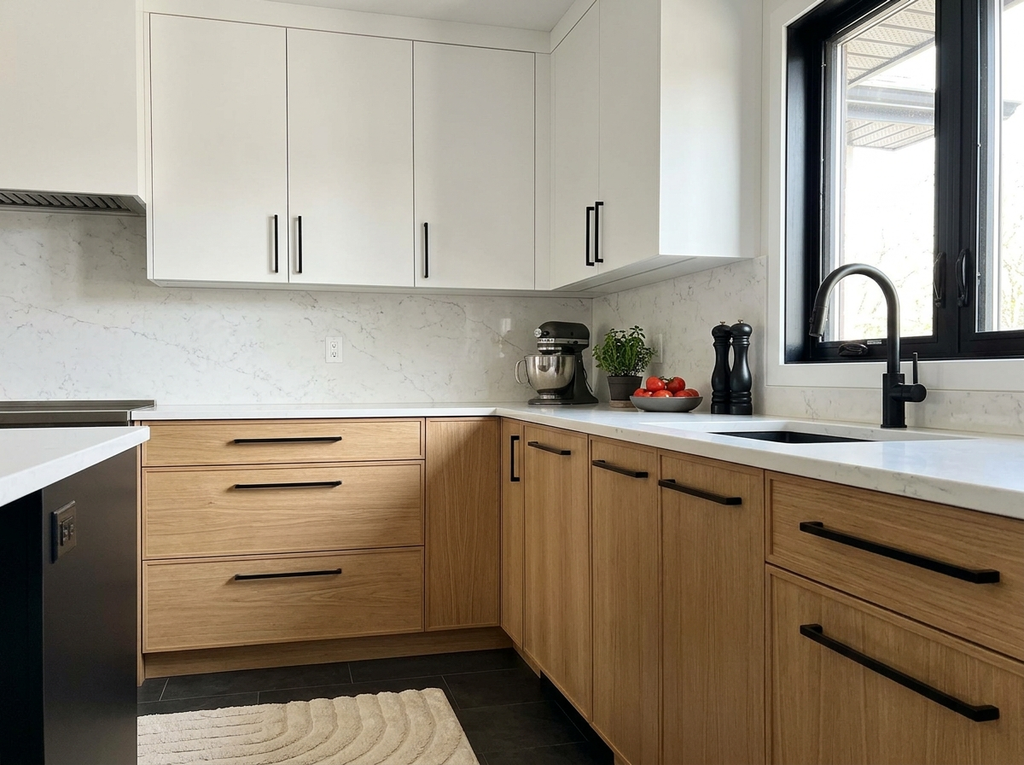 White upper kitchen cabinets over light oak base cabinets with slim black handles