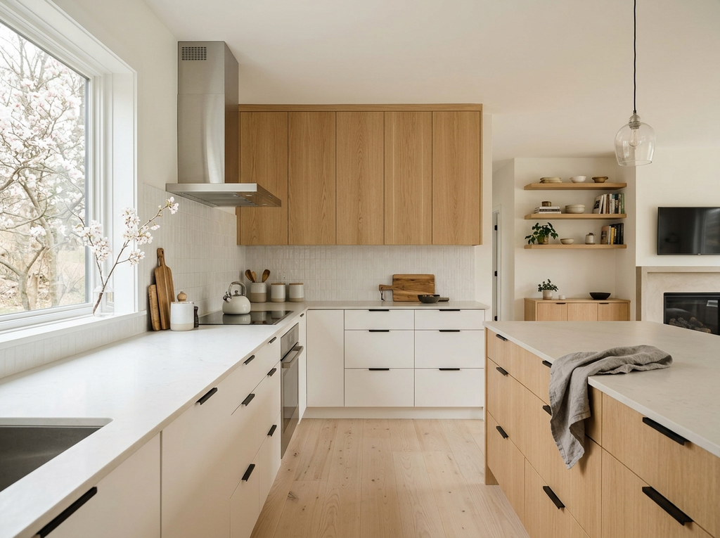 Straight-grain light oak kitchen cabinets with white base units and slim black handles