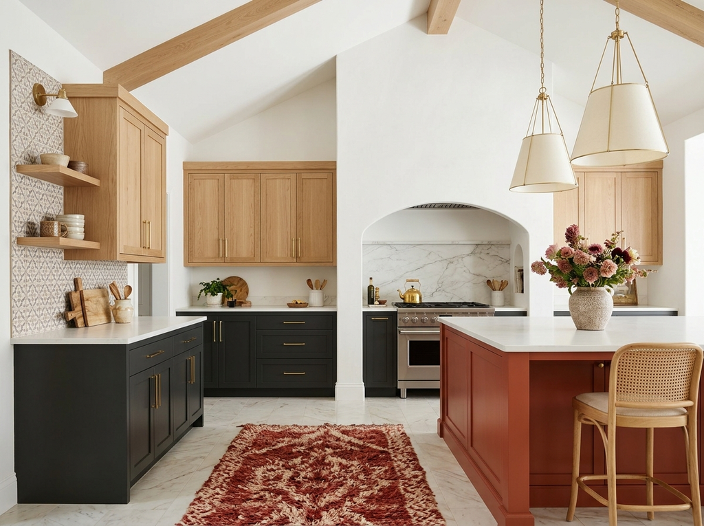 Three-color kitchen cabinets in light oak, charcoal and a terracotta island under a vaulted ceiling