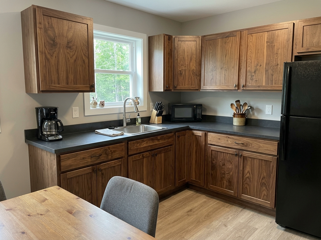 Small kitchen with bold walnut-toned wood grain cabinets, dark counters and a black refrigerator