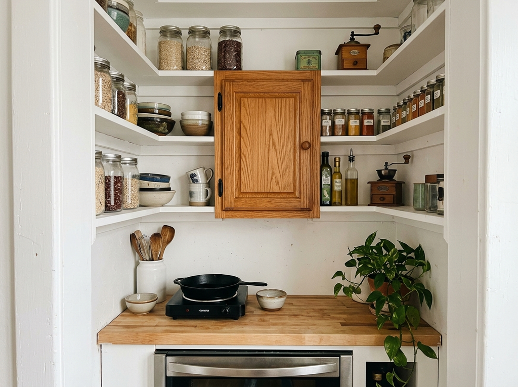 Tiny kitchen with open white shelves, glass jars and a single oak cabinet above a butcher block counter