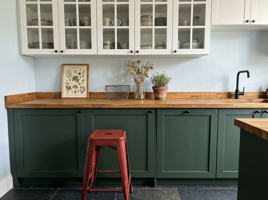 Deep green base kitchen cabinets with a butcher block counter, white glass uppers and a red stool