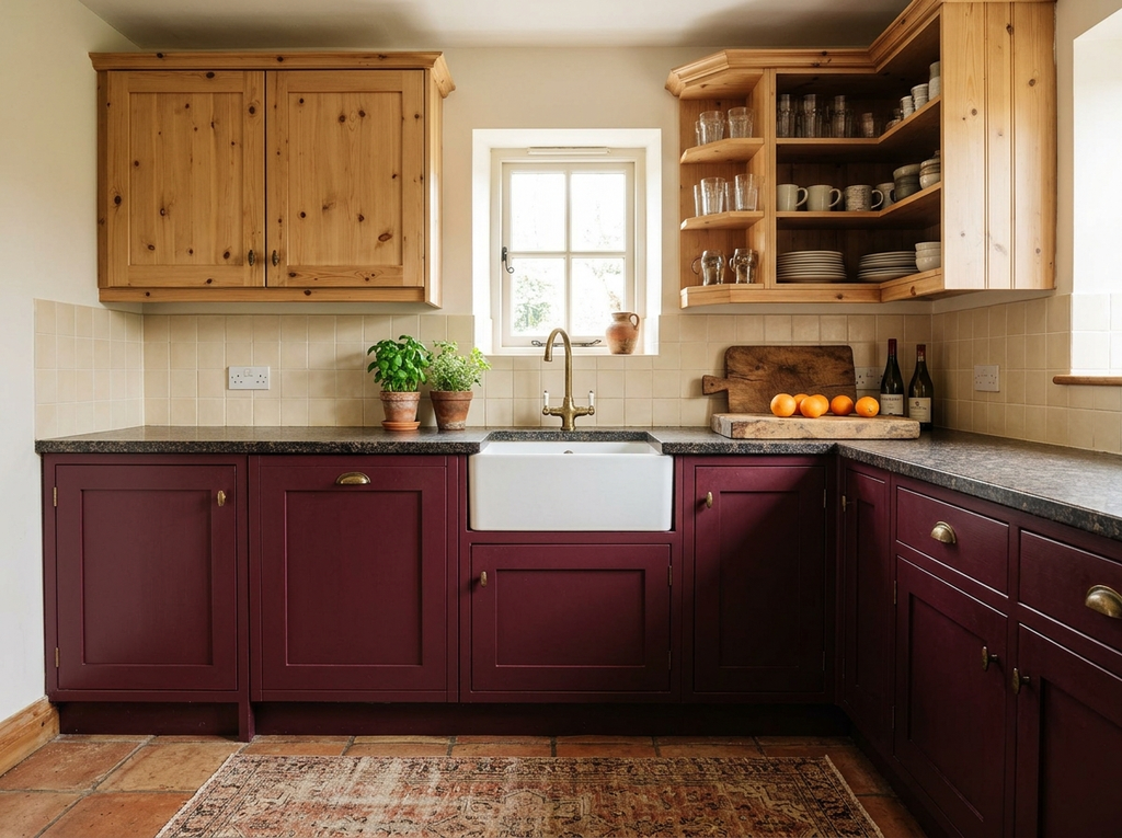 Burgundy shaker kitchen cabinets with gold pulls under knotty pine upper cabinets