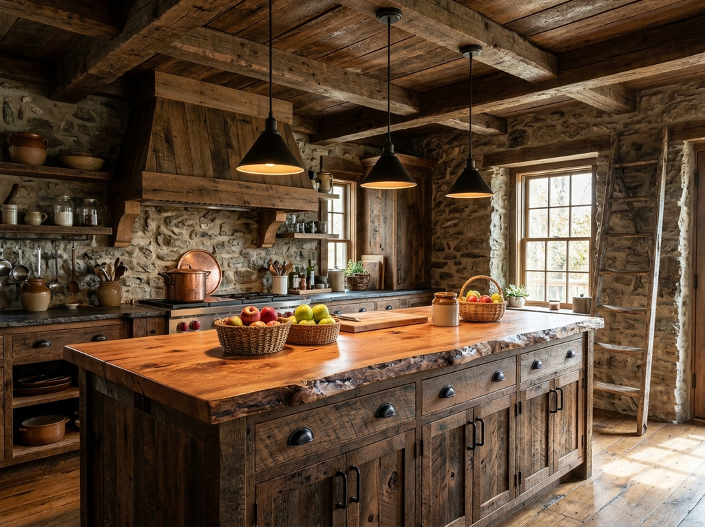 Rustic reclaimed wood kitchen cabinets with a live-edge island and black pendant lights