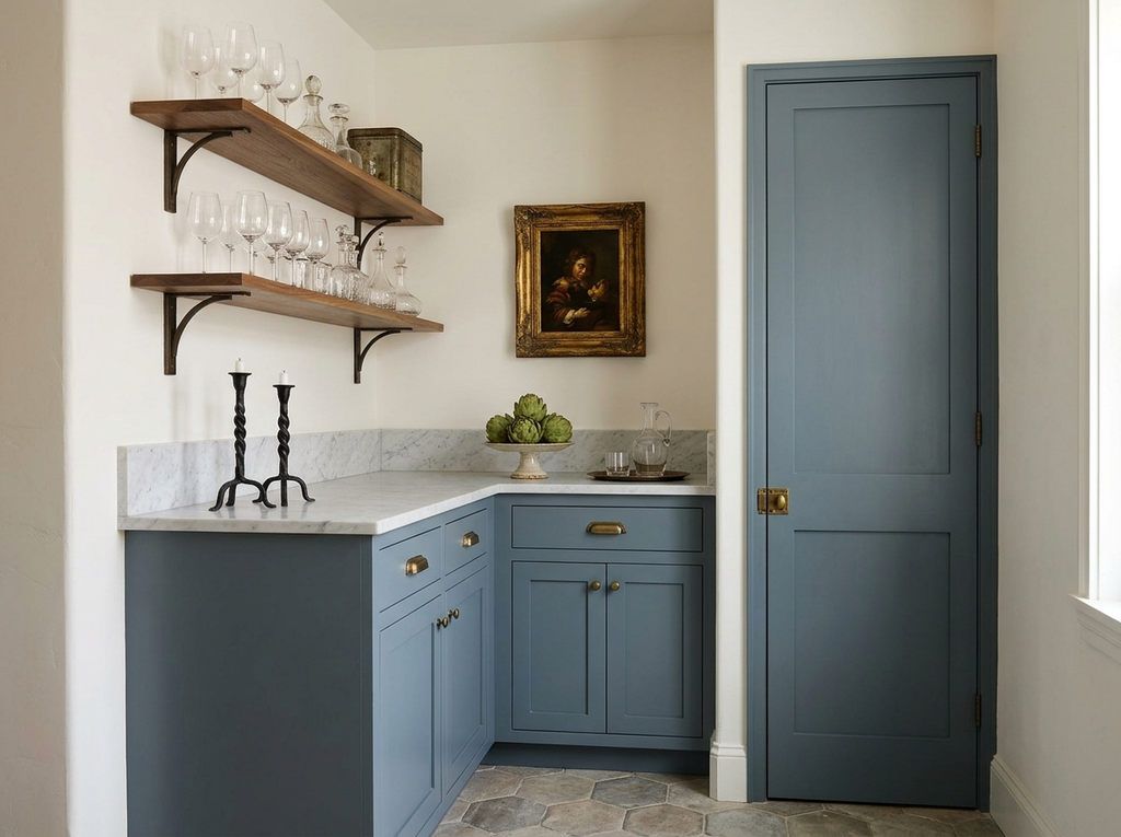 Blue-gray shaker pantry cabinets with brass pulls, marble top and open walnut shelves