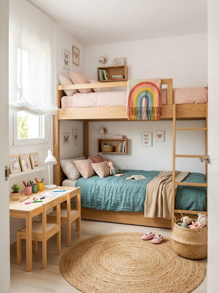 Light oak bunk bed with a child-sized desk in a narrow kids bedroom