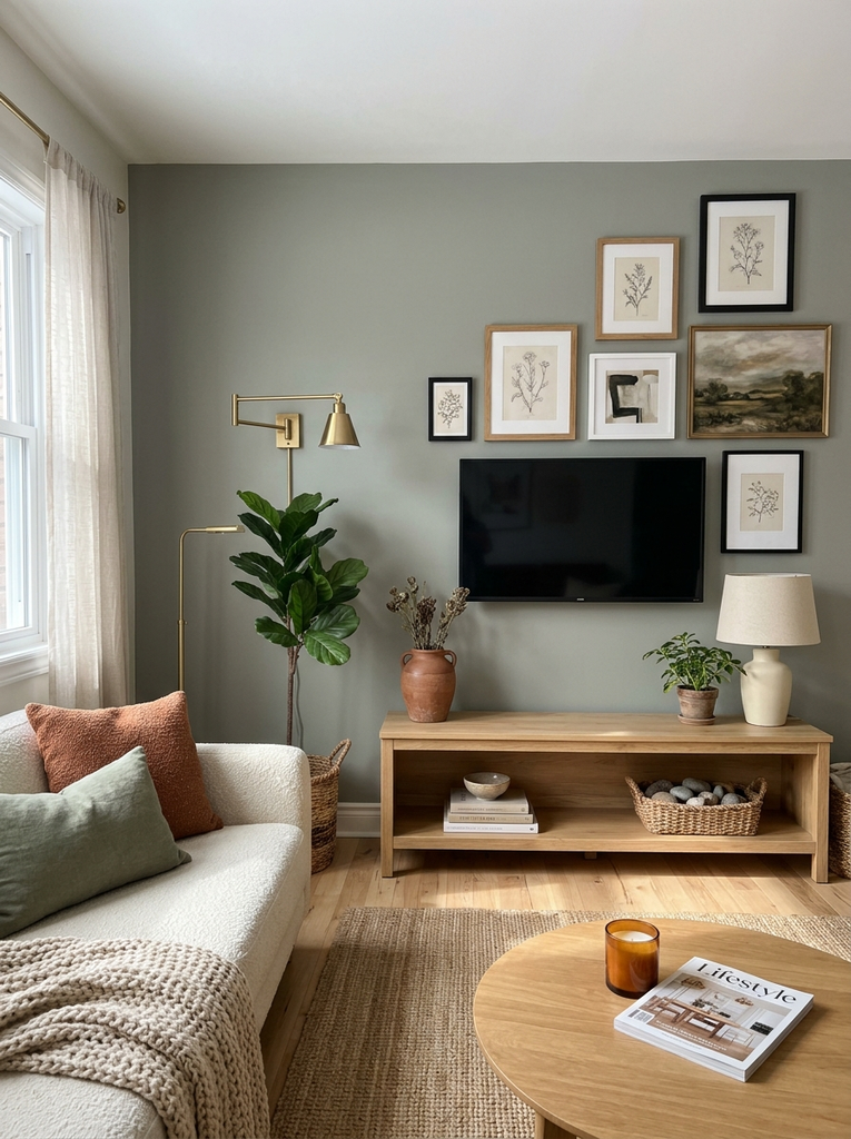 Sage green living room TV wall with oak and black framed art, a wood console and a fiddle-leaf fig