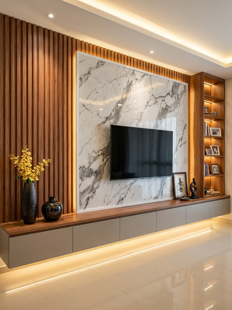 Living room TV wall decor with brown wood slats, a white marble-look panel and warm LED light above a floating cabinet
