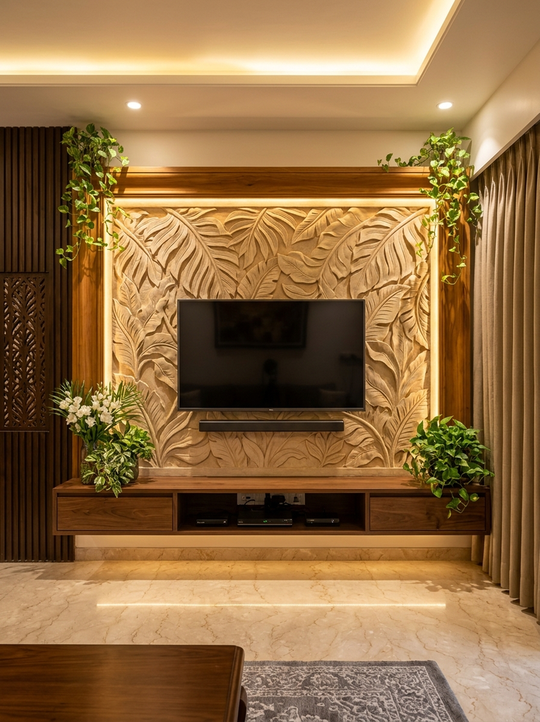 TV mounted on a carved floral relief panel with a wood frame, pothos vines and a floating walnut media unit