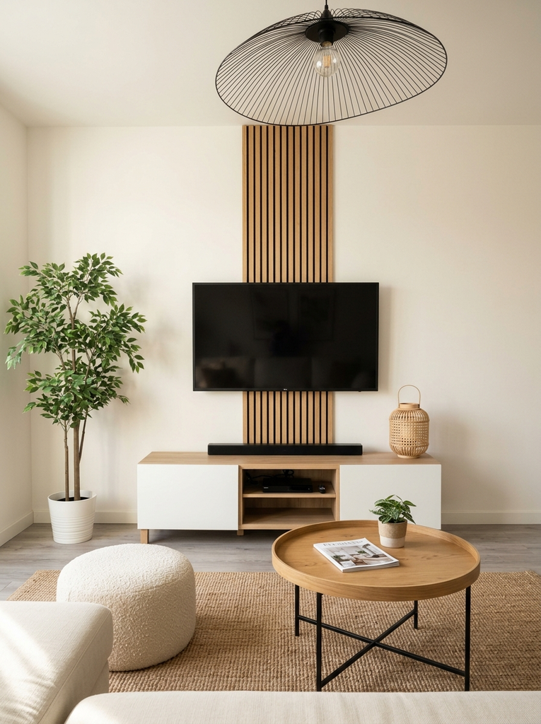 TV wall decor with a narrow oak slat strip behind the screen above a white and oak cabinet, ficus and black pendant
