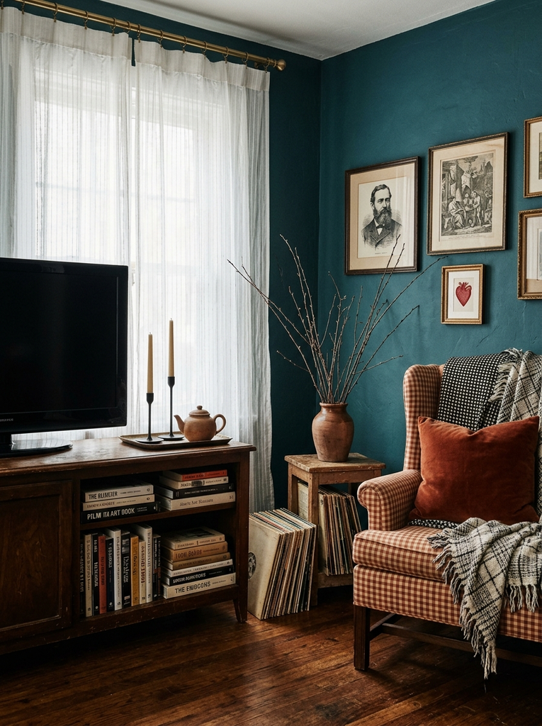 TV on a dark wood cabinet beside sheer white drapes and a teal wall with vintage frames and a rust gingham armchair