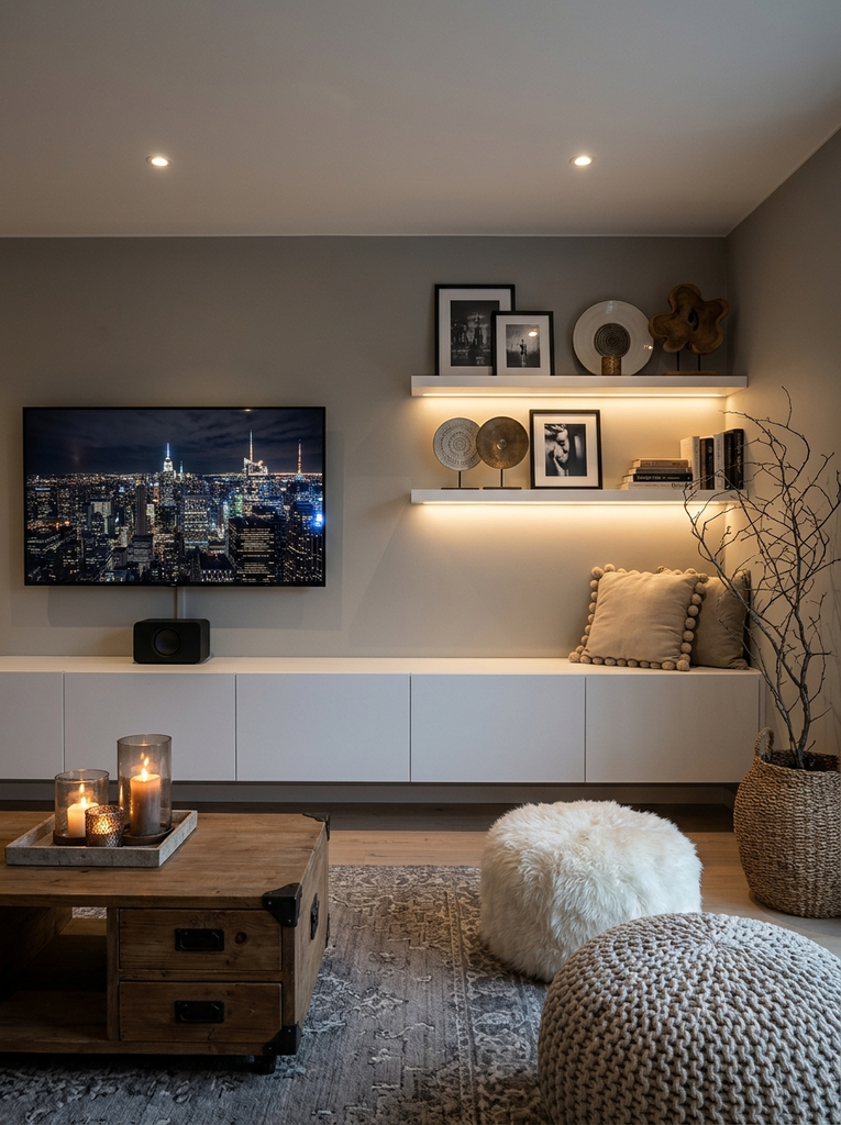 Long floating white cabinets under a wall-mounted TV with white shelves, candles and a woven basket holding a branch