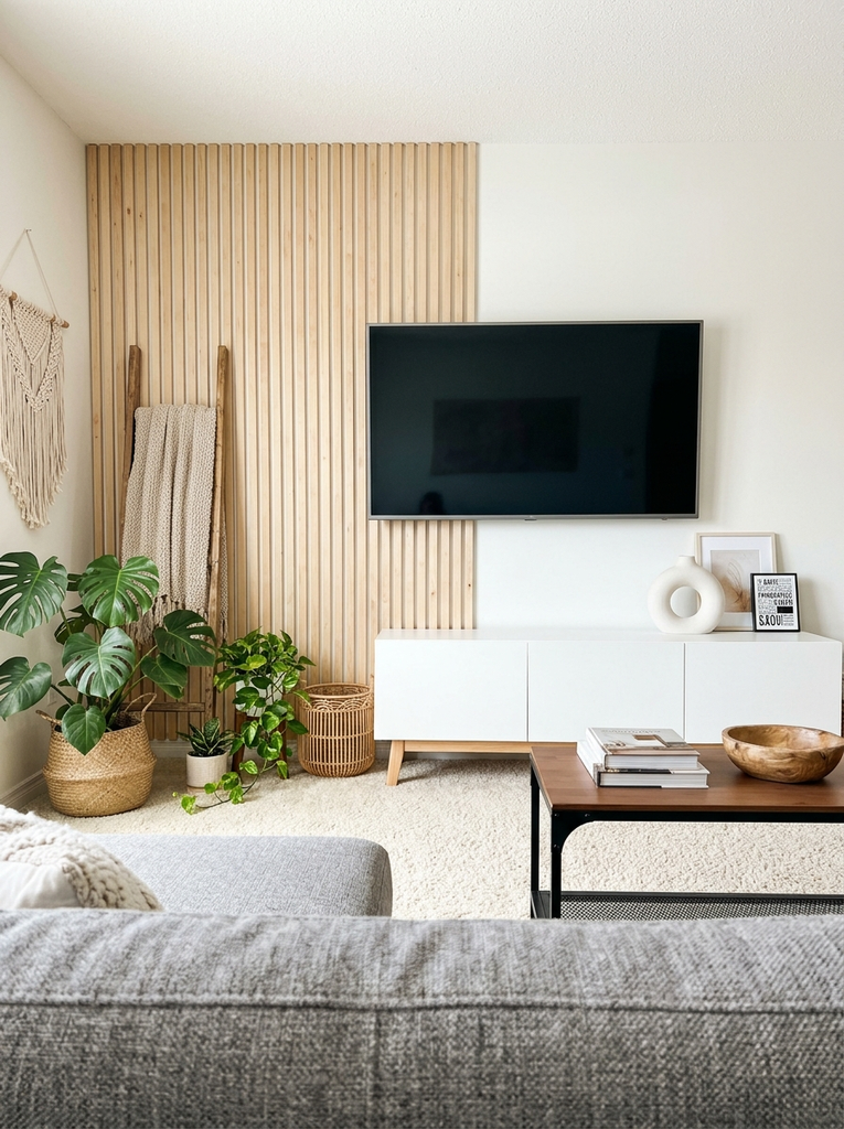 White sideboard under a TV with a light wood slat panel, a ladder with a throw, a monstera and a metal coffee table