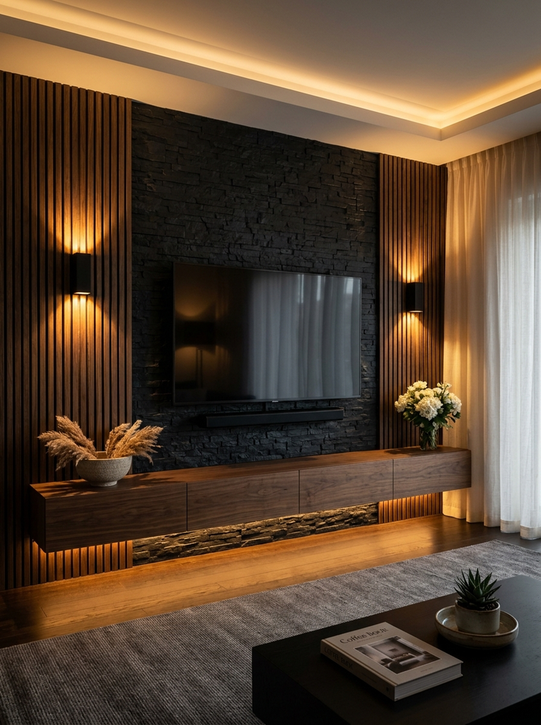 Dark TV wall decor with black slate stone, walnut slats, black sconces and a floating console with warm underlight