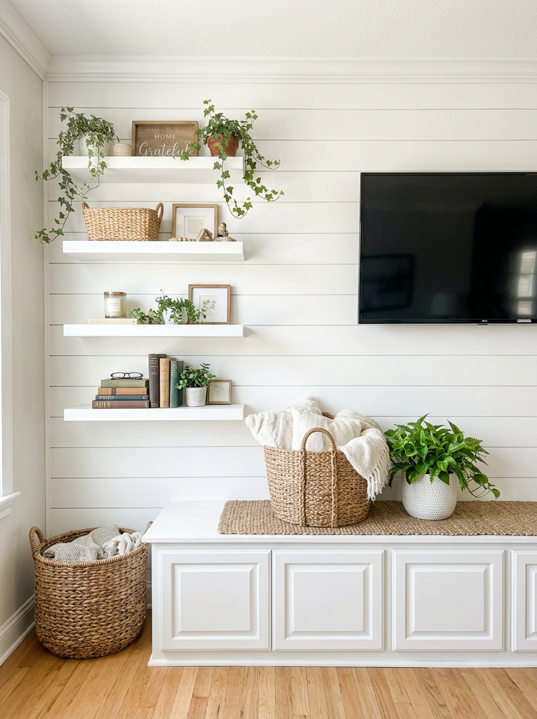 White shiplap TV wall with floating shelves of baskets and plants above a white paneled cabinet and a woven basket