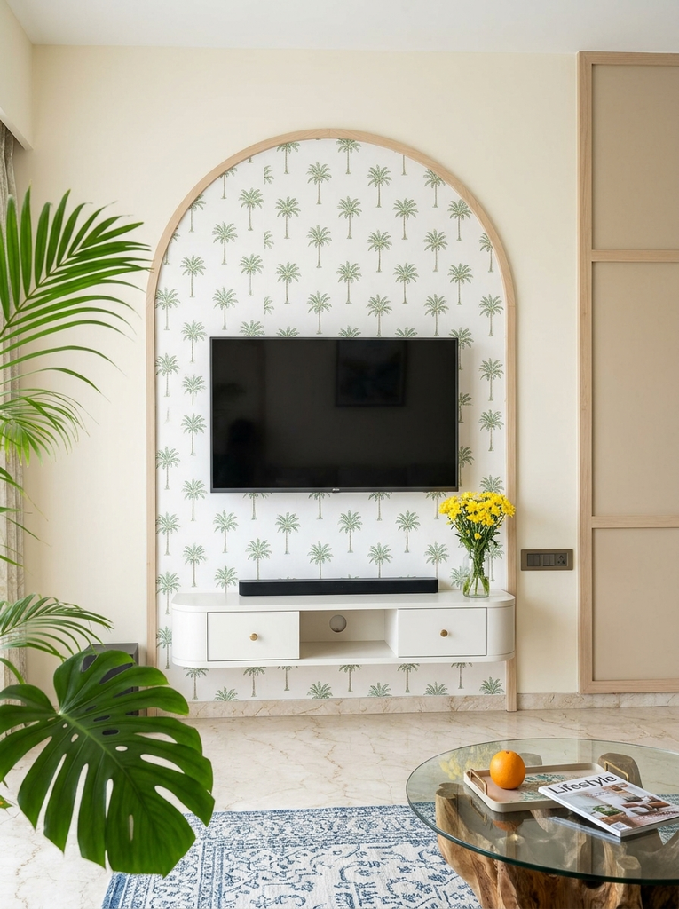 TV in an arched palm-print wallpaper panel with a timber border above a white floating cabinet and yellow flowers