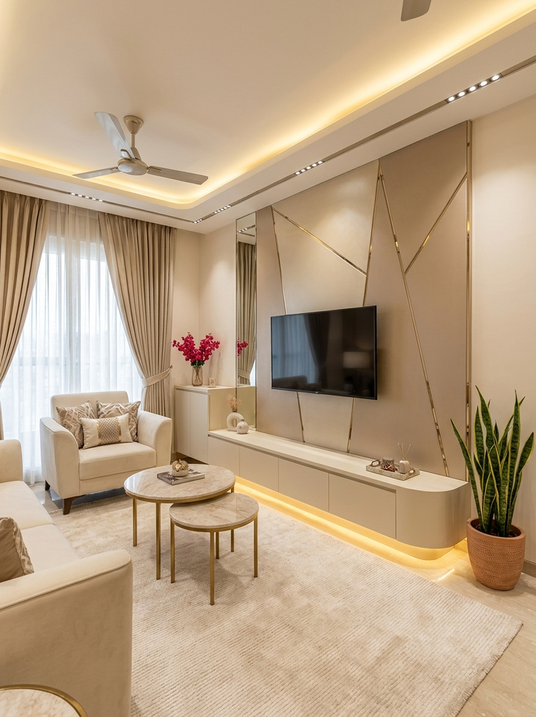 Cream and champagne paneled TV wall with a long cream console lit from below and marble side tables with gold legs