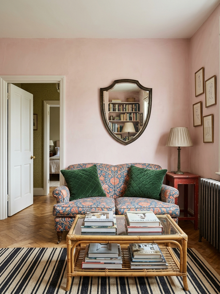 Pink wall with a shield-shaped mirror above a floral sofa with green cushions, a rattan coffee table and a striped rug
